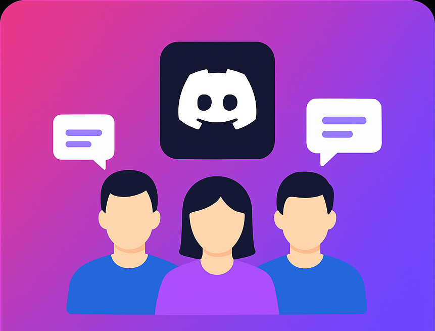 clipart image of 3 people with talk bubbles and discord icon on top with pink and purple gradient background