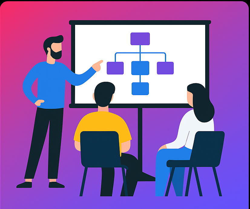 clipart image of a man teaching two people (a man and woman) sitting on chairs with pink and purple gradient background